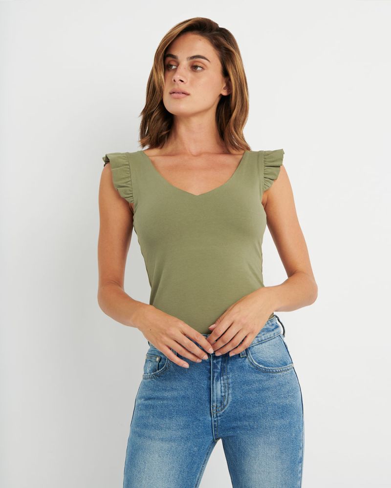 Erin Ruffle Sleeve Tee - Khaki