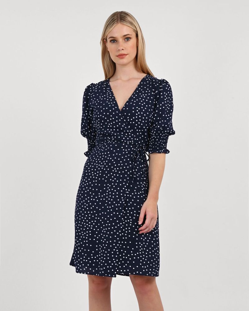 warehouse wrap dress with ruffles in polka dot