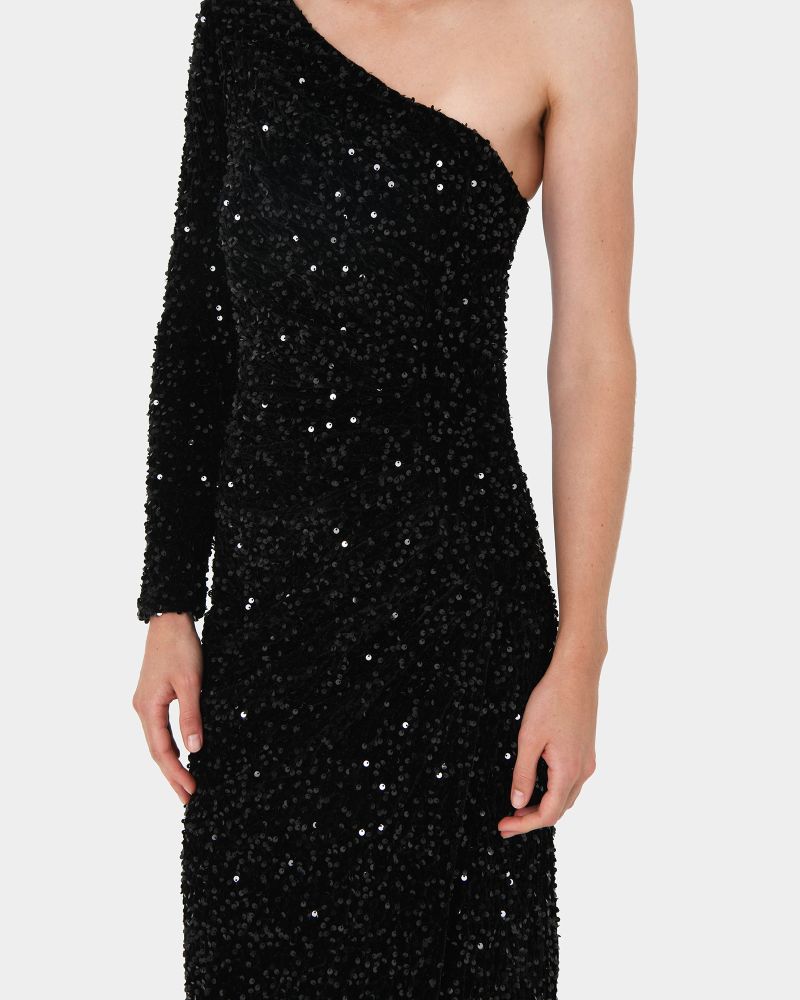 Ivory White One-Shoulder Lycra Long Dress with Gold Sequins Waist Detailing main image 1