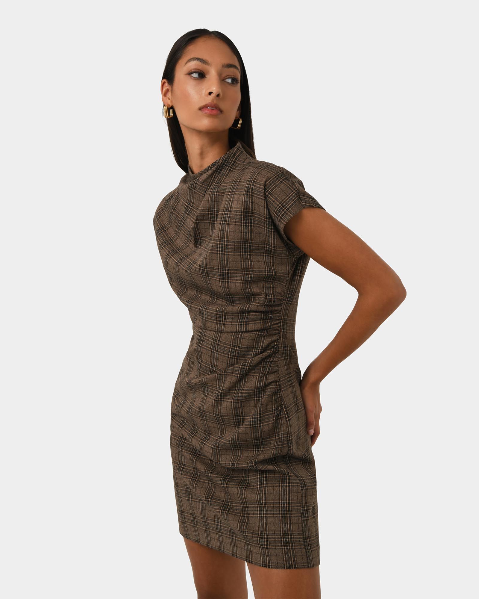 Candice Ruched Mini Dress Brown Checks Forcast Forcast AU