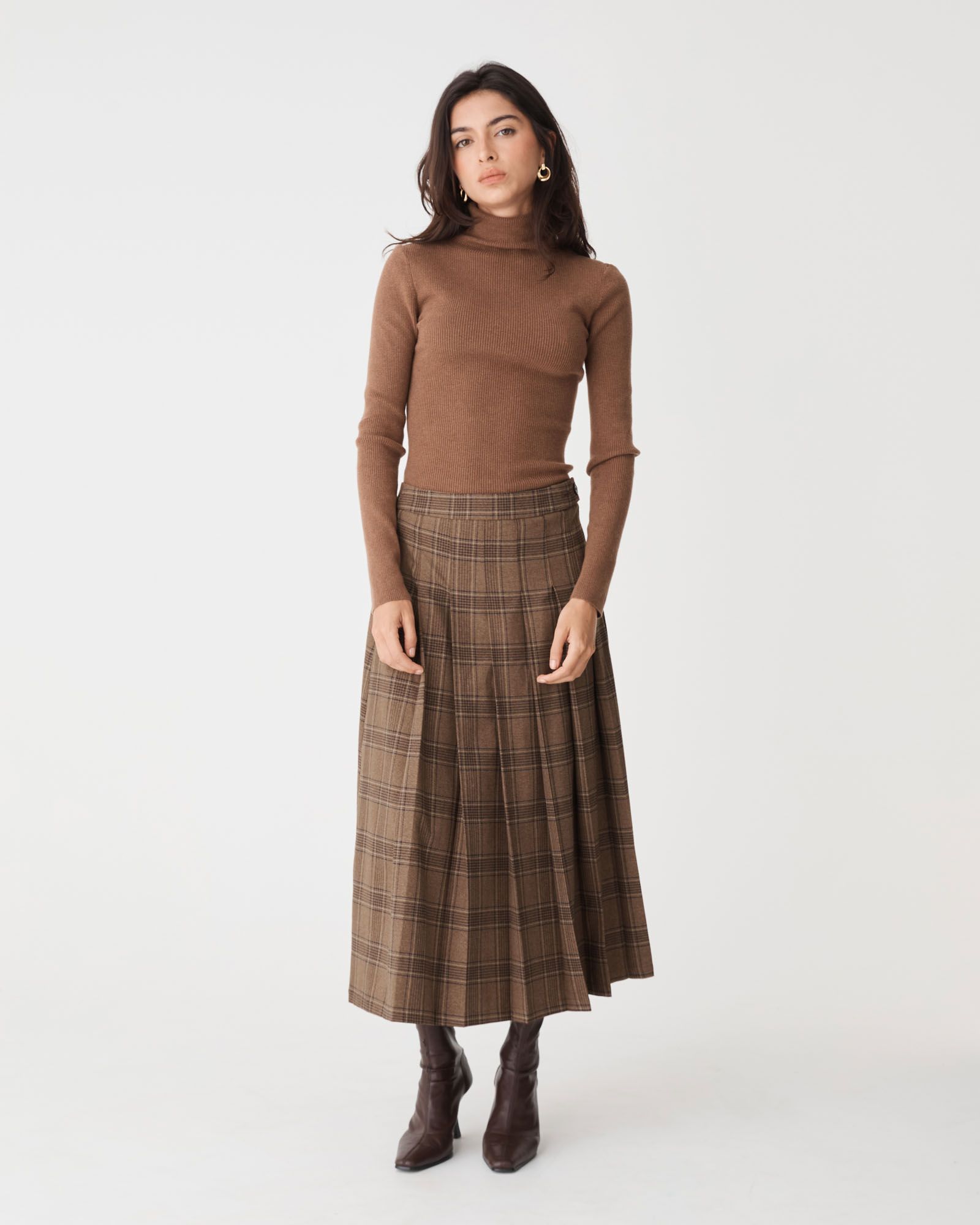 Lani Pleated Check Skirt | Camel Check | Forcast - Forcast AU