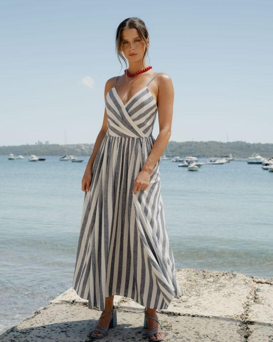 knee length dresses for ladies Blue floral linen dress True Reflections Clothing by Just Audrey Gymea –  Just Audrey AU main image 0