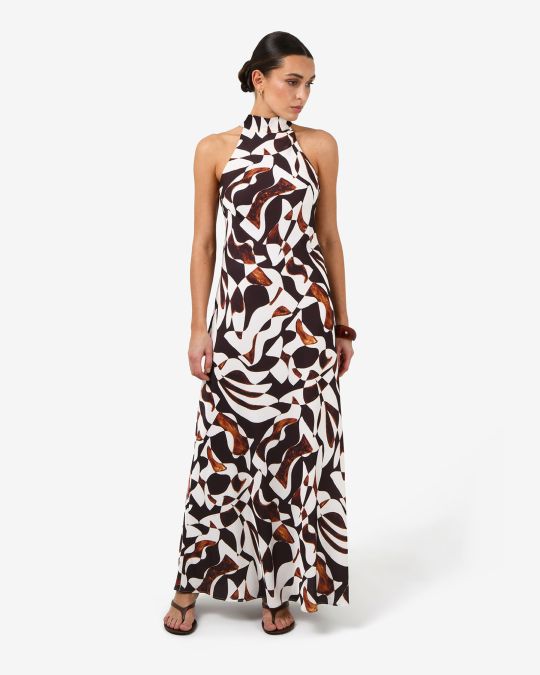 Hazel Printed Halter Dress | Brown Retro | Forcast - Forcast AU