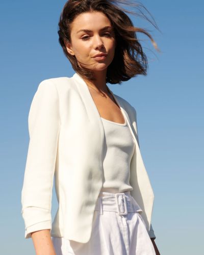Lexi rusched white collarless blazer, white collarless blazer with pleat detail on elbow