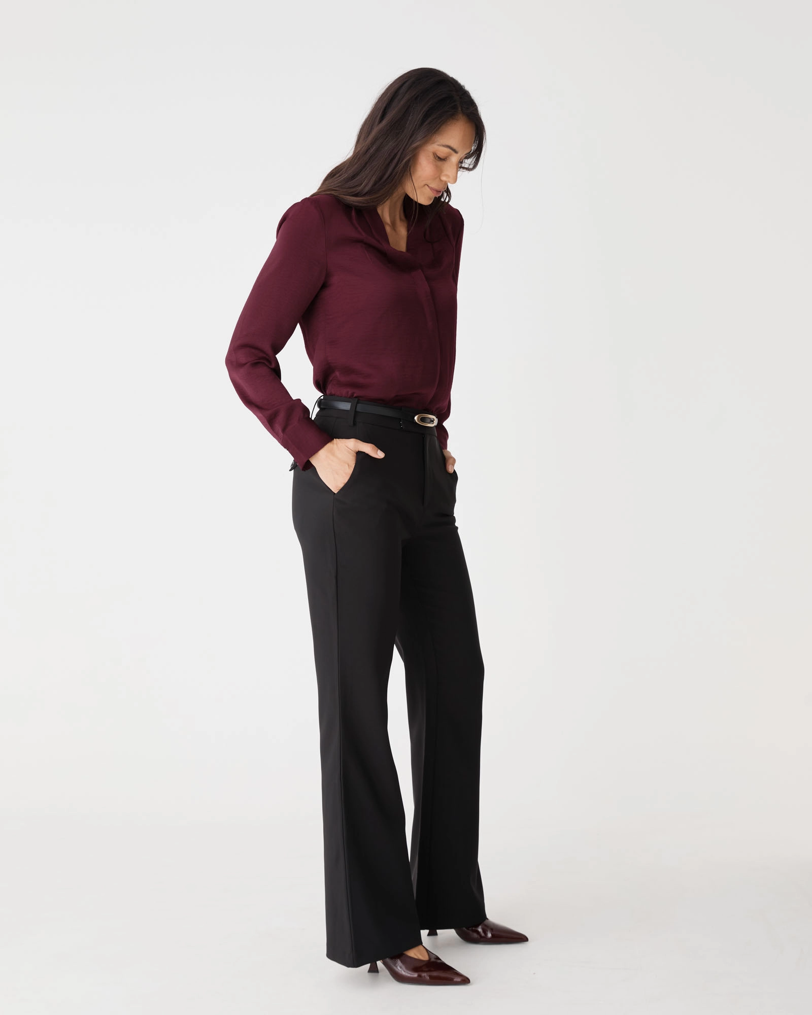 Claire Pleat Neck Satin Blouse