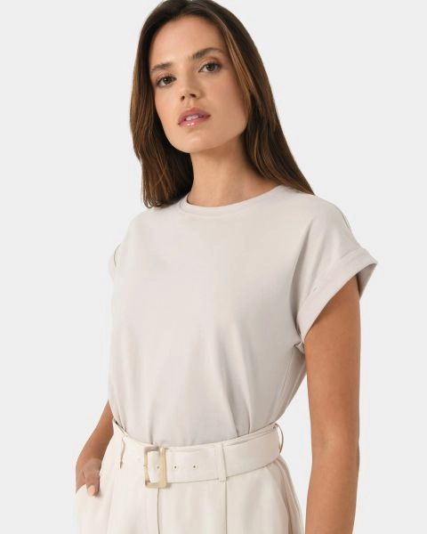 Forcast Clothing, the Baylee Basic Tee, featuring round neckline and short sleeves with turn up cuffs 