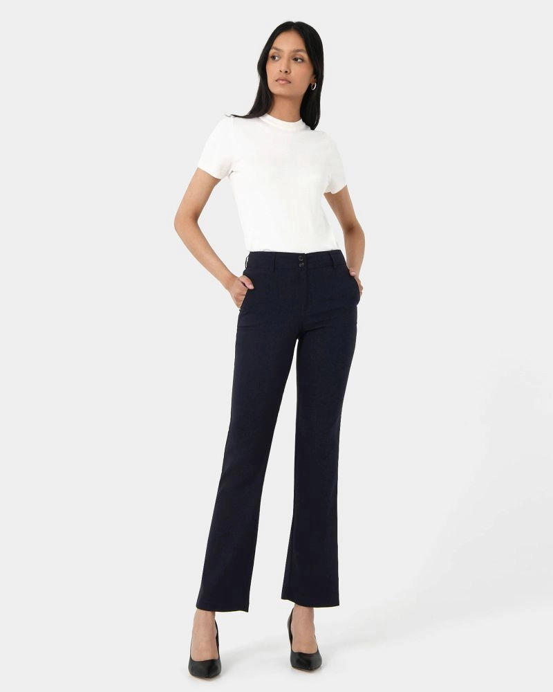 Forcast Clothing, the Annalee Classic Pants, featuring straight leg silhouette and waistband with button front fastening