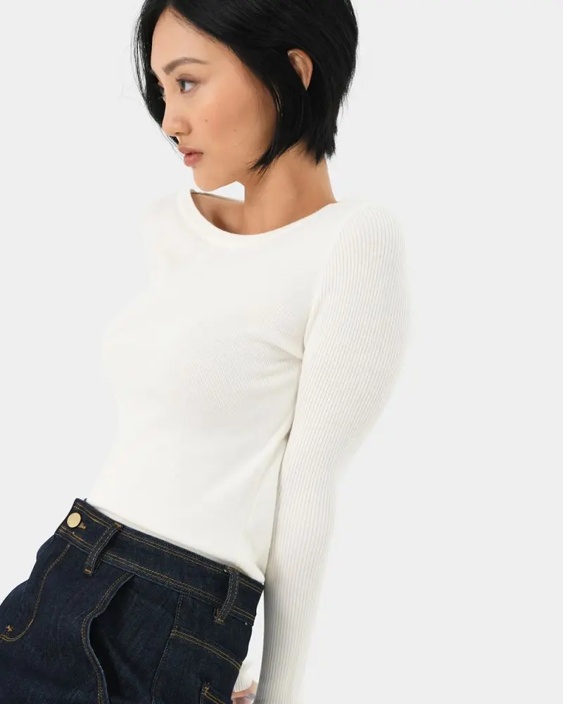 Forcast Clothing, the Stacey Boat Neck Knit, featuring boat neckline with ribbed long sleeve
