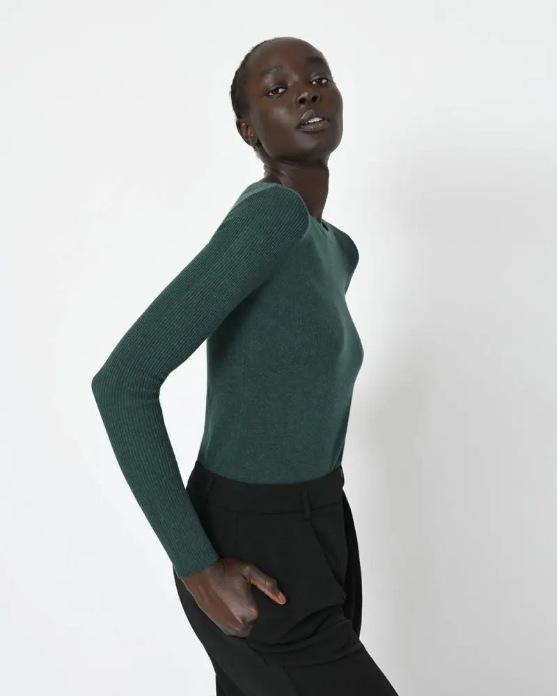 Forcast Clothing, the Stacey Boat Neck Knit, featuring boat neckline with ribbed long sleeve