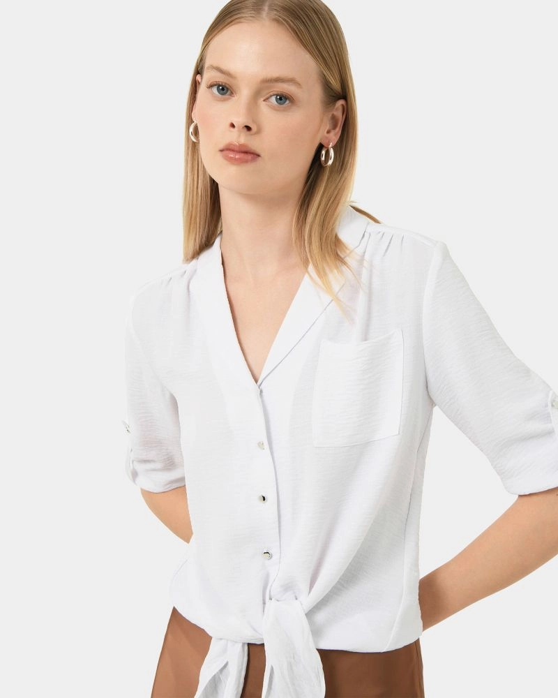 Forcast Clothing, the Claire Tie Front Blouse, featuring tie waist and button tab sleeves