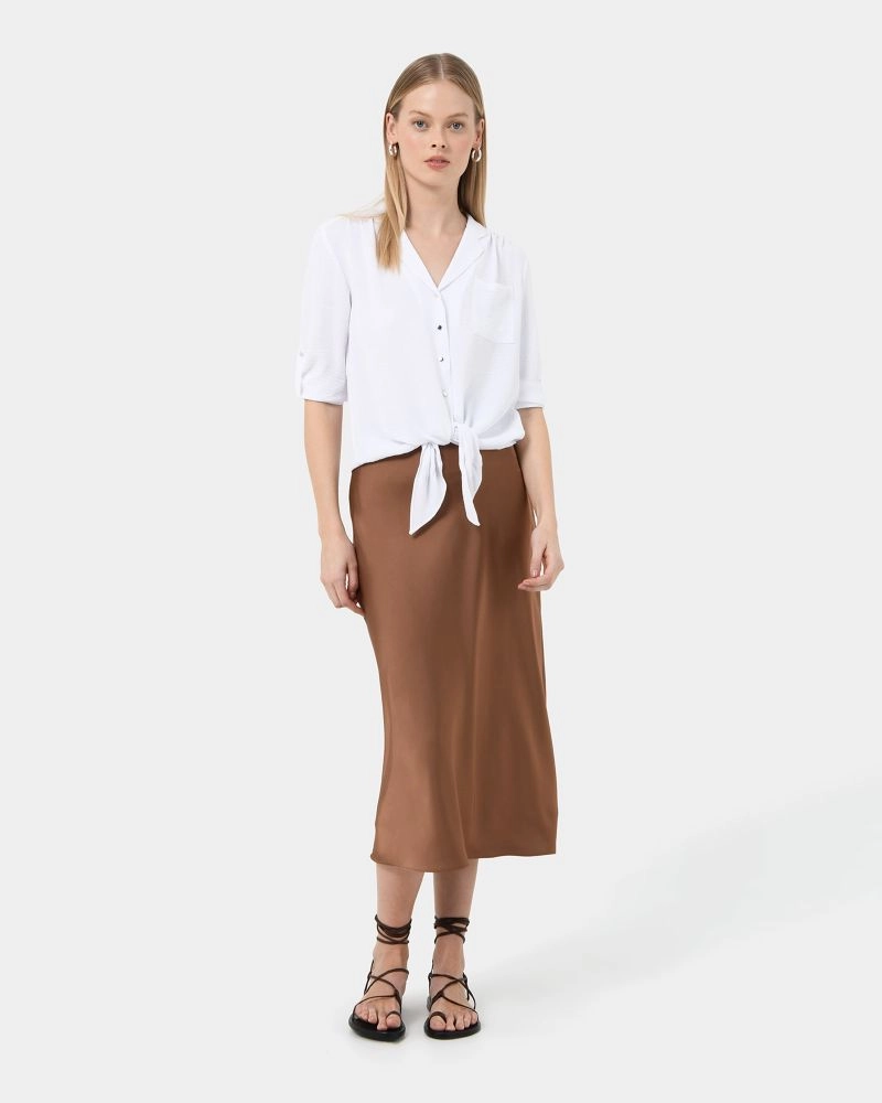 Forcast Clothing, the Claire Tie Front Blouse, featuring tie waist and button tab sleeves
