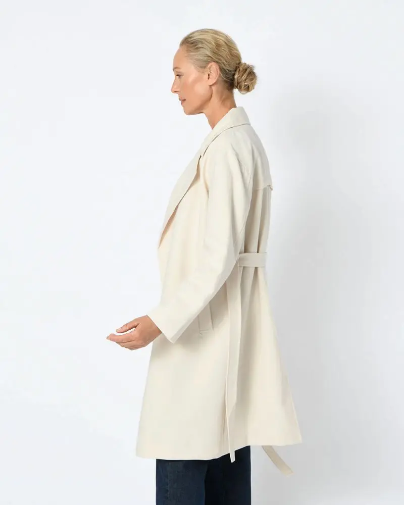 Forcast Clothing, the Mercy Trench Coat, featuring back yoke detail, functional side pockets and a tie waist