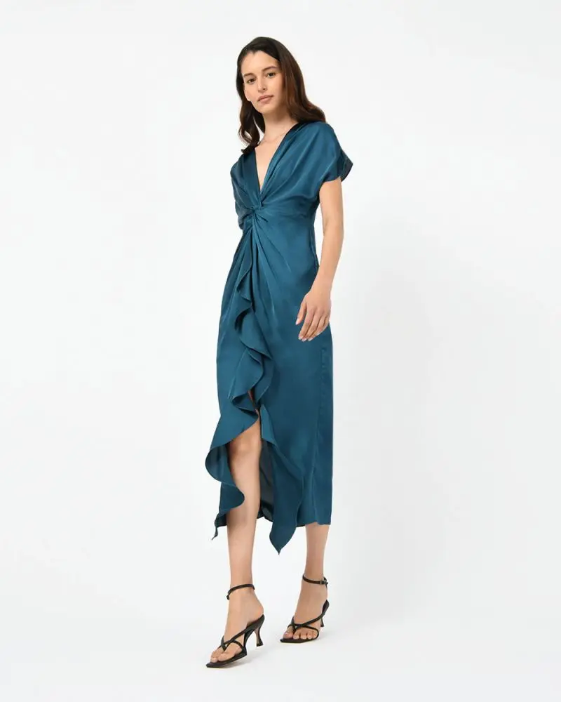 Forcast Clothing, the Farah Twist Front Dress, featuring twist front with drapped waterfall detail