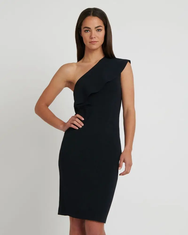 Forcast Clothing, the Reyna One Shoulder Knit Dress, featuring simple bold layered detail and one shoulder design 