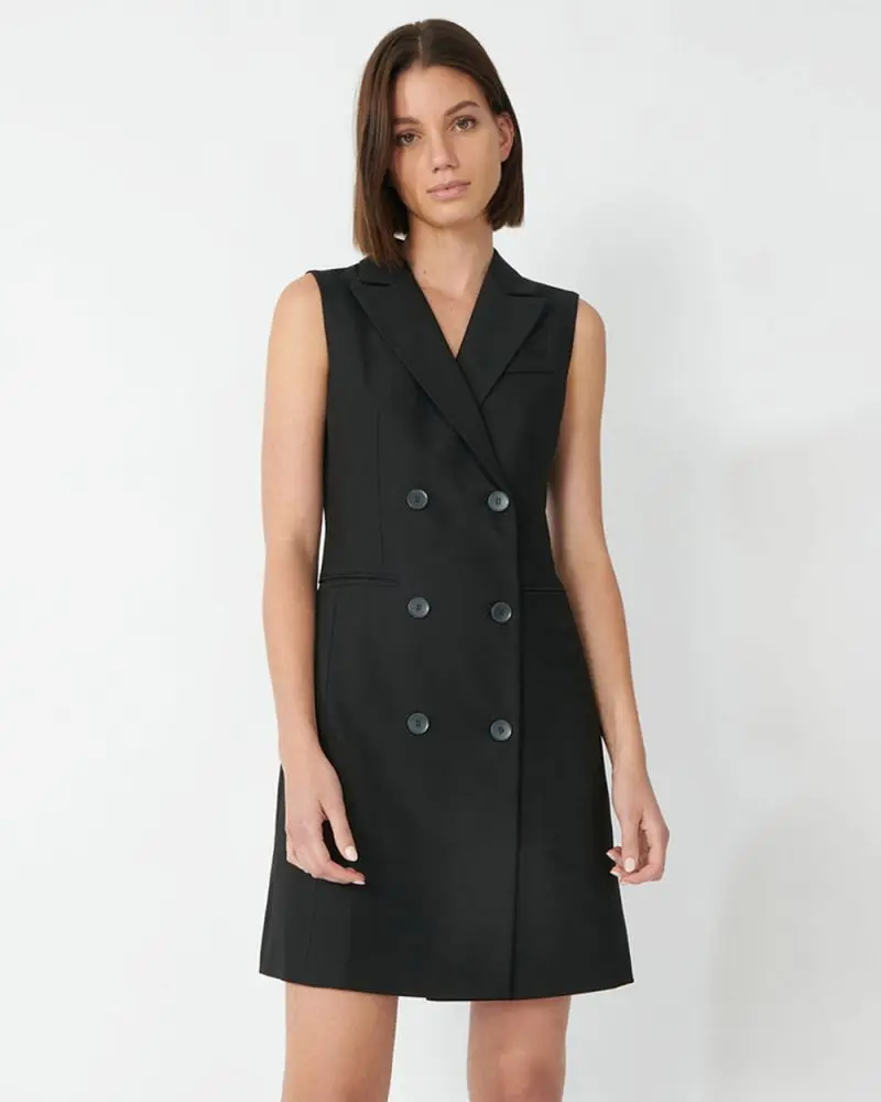 Forcast Clothing, the Taya Vest Dress, a sleeveless design featuring double breast buttons and lapel collar