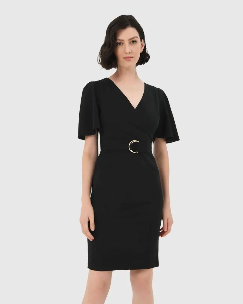 Forcast Clothing, the Lian Wing Sleeve Dress, featuring unique waist belt detail and wing sleeves