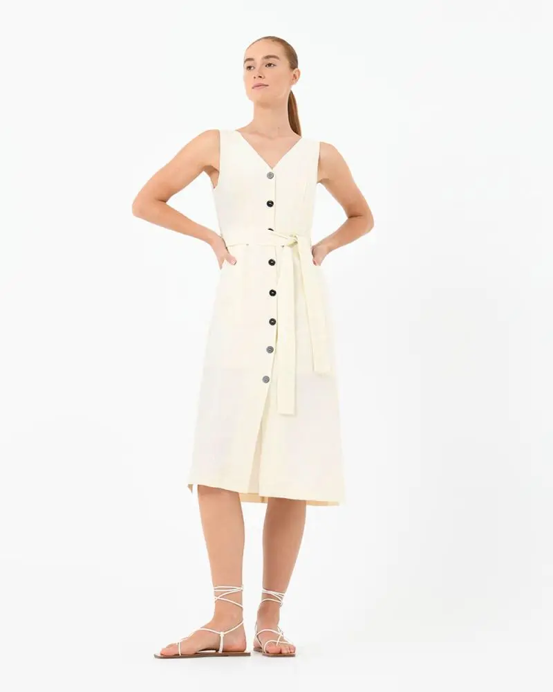 Forcast Clothing, the Scarlet Tie Waist Dress, featuring button down fastening and V-neckline