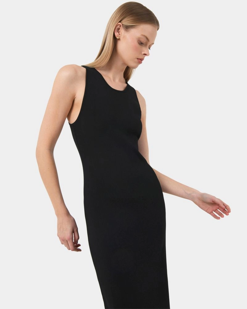 Forcast Clothing, the Rylin Racer Back Knit Dress, featuring soft knit material, a bodycon silhouette, round neckline, and ribbed finish