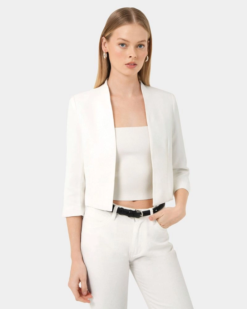 Forcast Clothing, the Polina Short Jacket, features a simple open front design in a cropped length and structured fit