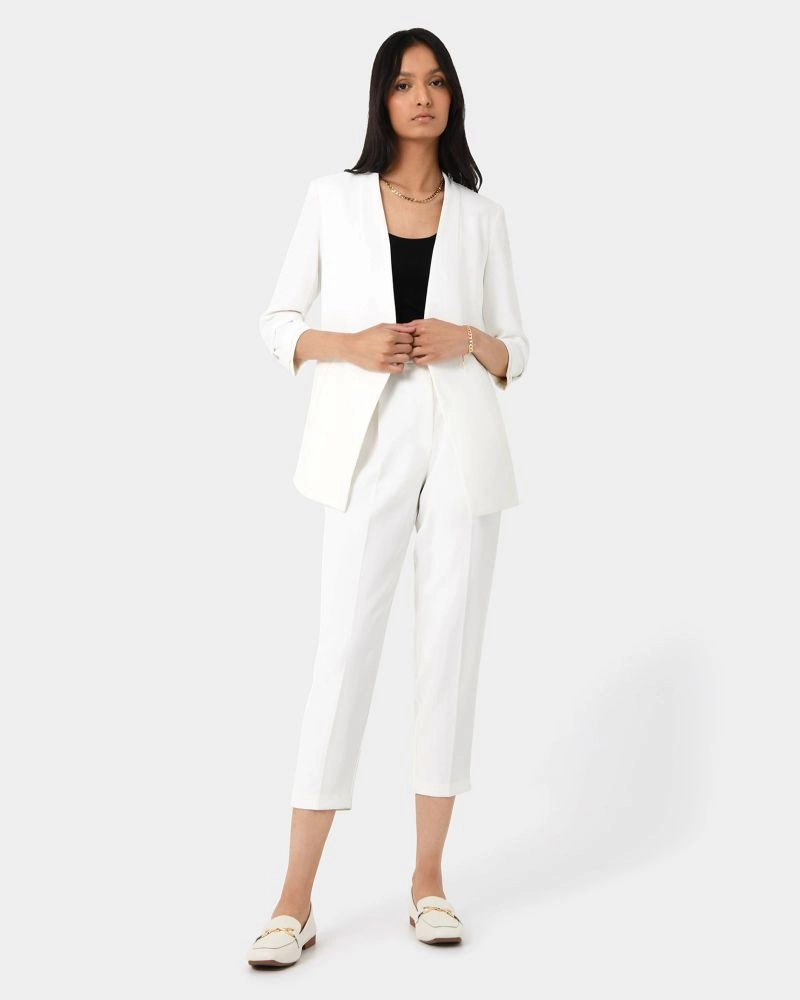 Forcast Clothing, the Carter 2 Collarless Blazer, featuring open front and collarless design 