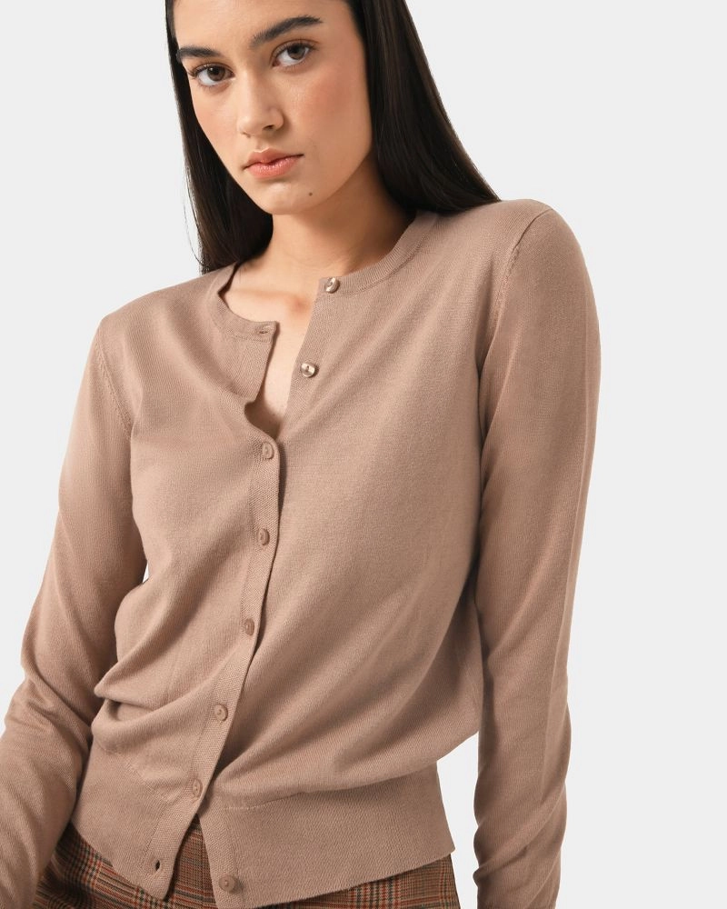 Forcast Clothing, the Joyce Knit, featuring lightweight fabrication, button down front fastening and ribbed edges