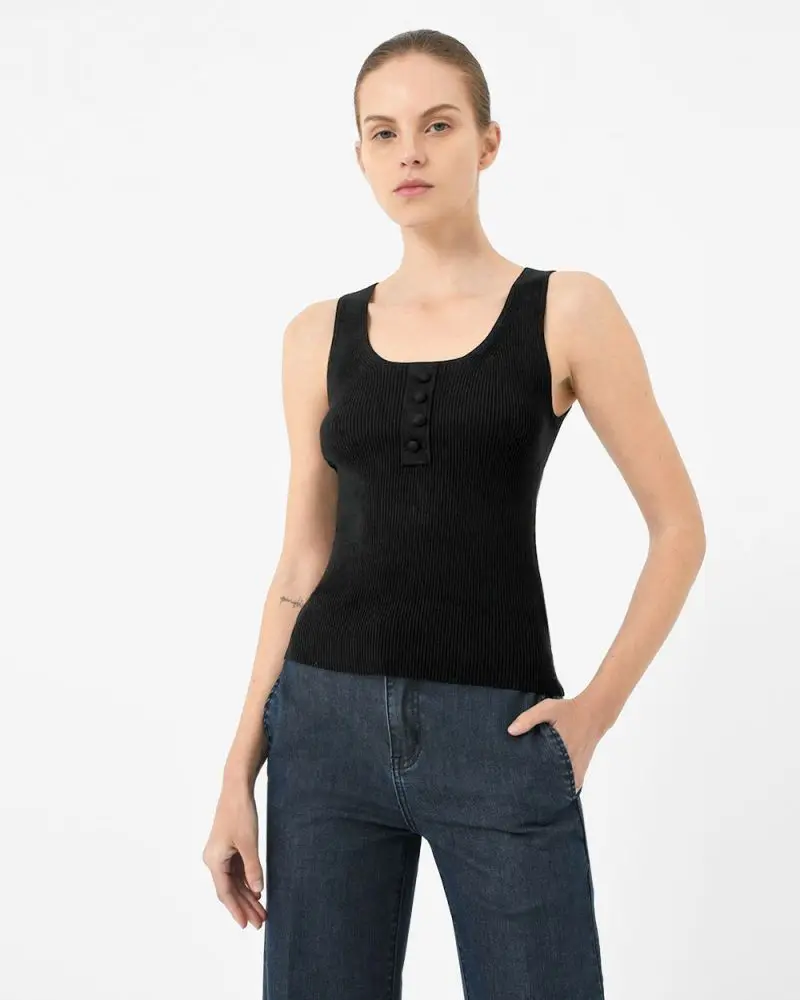 Forcast Clothing, the Alba Knit Rib Top, featuring ribbed textured knit and faux button details