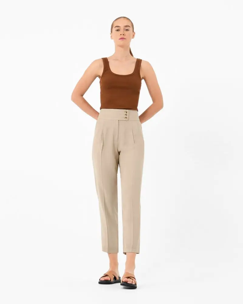 Forcast Clothing, the Sama High Waist Pants, featuring button tab fastening and tapered silhouette