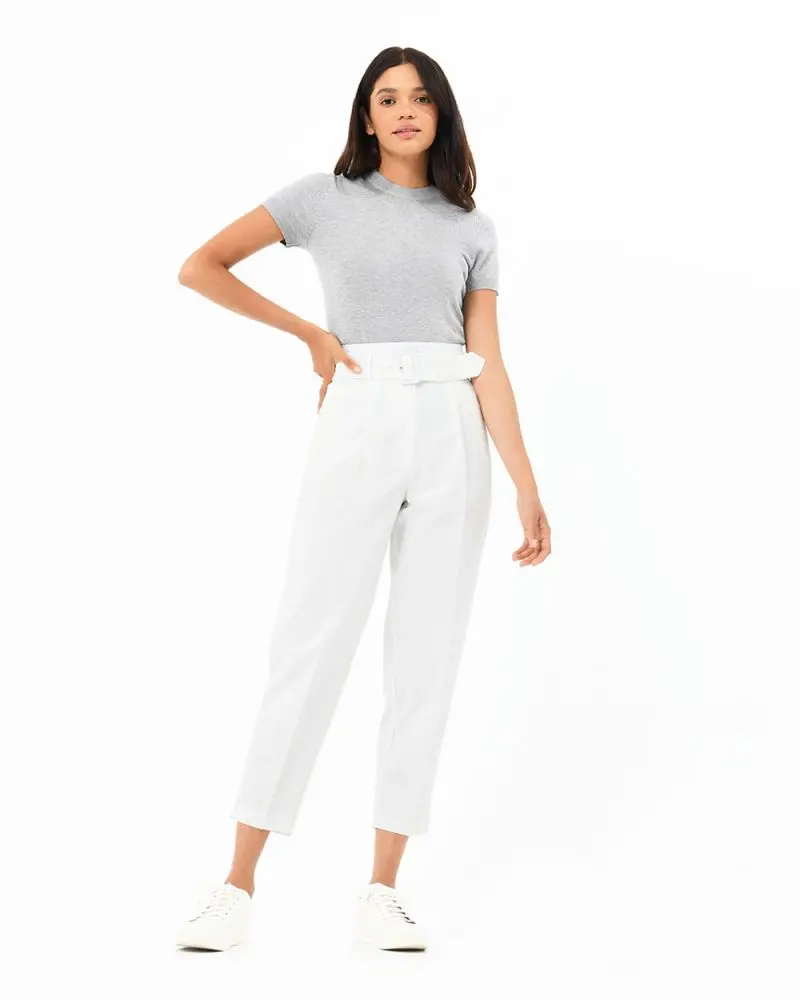 Forcast Clothing, the Lucilie Highwaisted Belted Pants, featuring a belted high waist and tapered fit