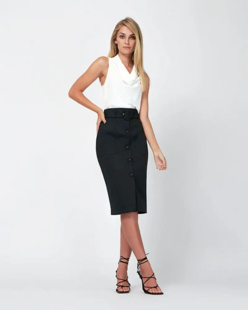 Forcast Clothing, the Erika Button Up Skirt, featuring button down details and matching belt in a pencil silhouette