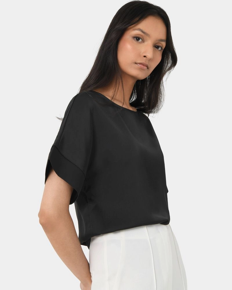 Forcast Clothing, The Lexi Short Sleeve Blouse, featuring silky satin shine in a relax fit design