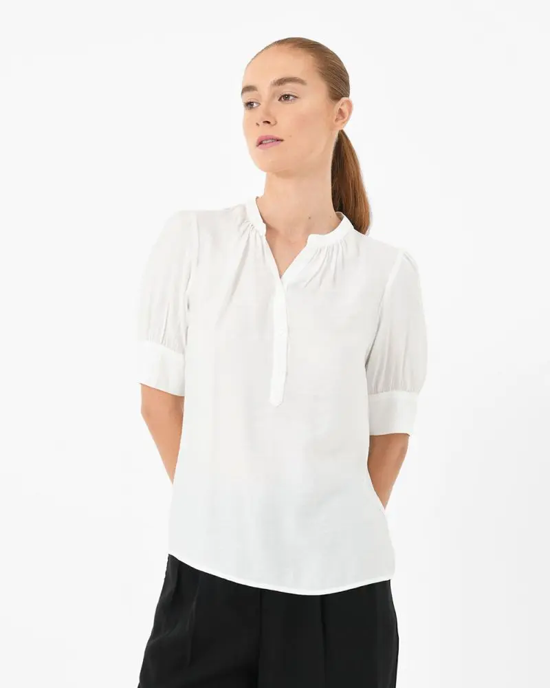 Forcast Clothing, the Elise Puff Sleeve Blouse, featuring puff sleeves with button cuffs and gathered neckline