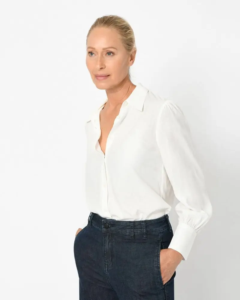Forcast Clothing, the Hannah Collared Blouse, featuring gathered shoulder in a classic collared blouse