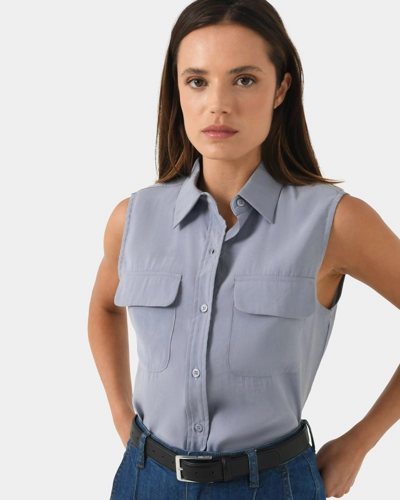 Aimee Sleeveless Shirt | Pigeon Blue | Forcast - Forcast AU