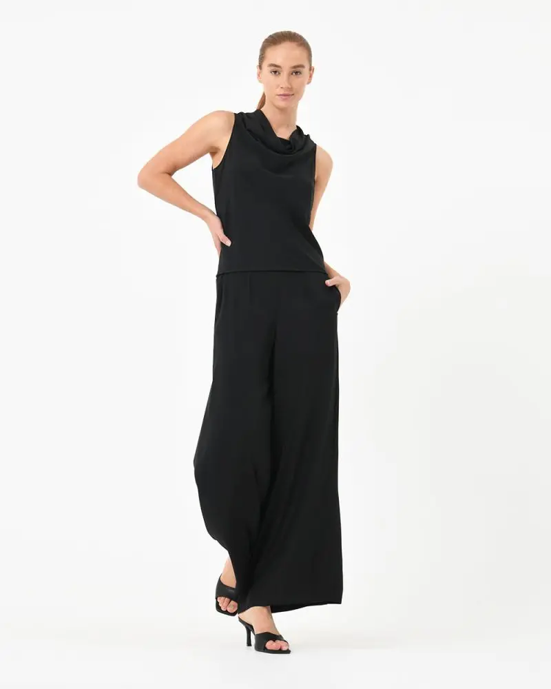 Forcast Clothing, the Nora Drape Neck Top, featuring a simple drape neckline in a silky satin fabrication