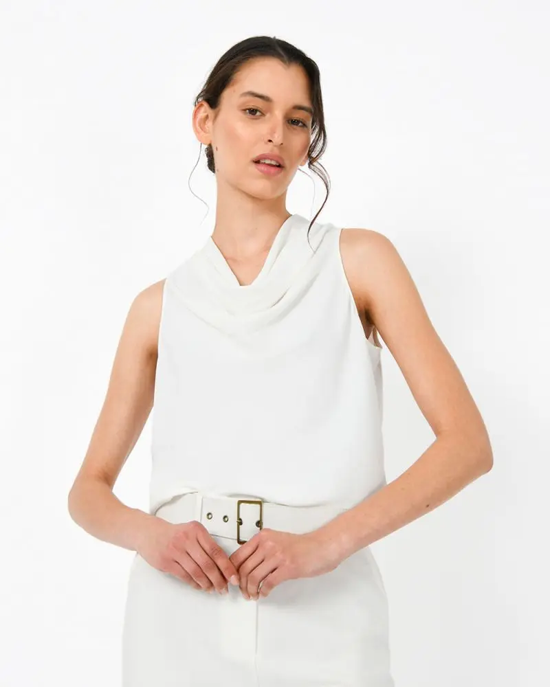 Forcast Clothing, the Nora Drape Neck Top, featuring a simple drape neckline in a silky satin fabrication