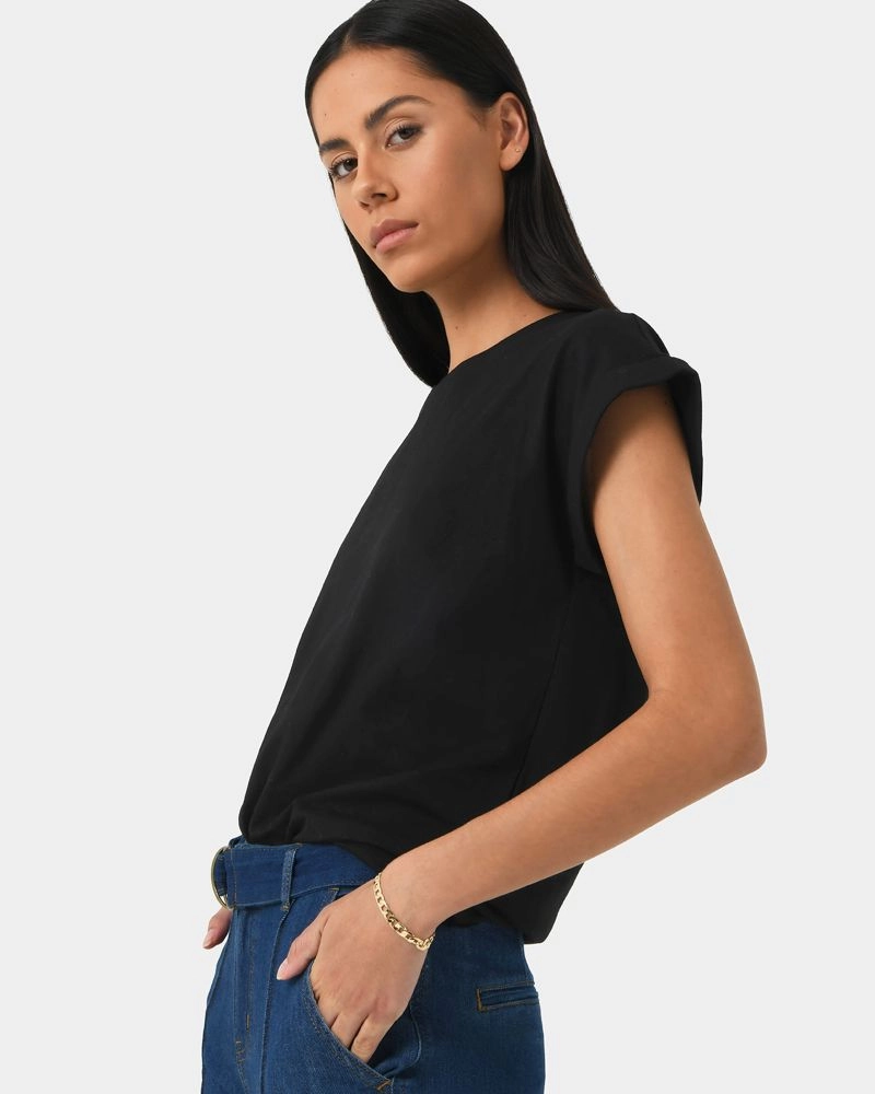 Forcast Clothing, the Baylee Basic Tee, featuring round neckline and short sleeves with turn up cuffs 