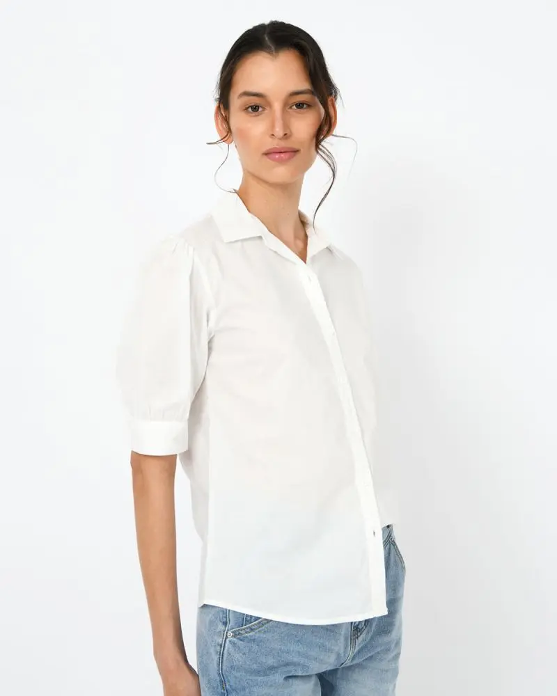 Forcast Clothing, the Darla ¾ Length Sleeve Collared Shirt, featuring collar and puff short sleeves