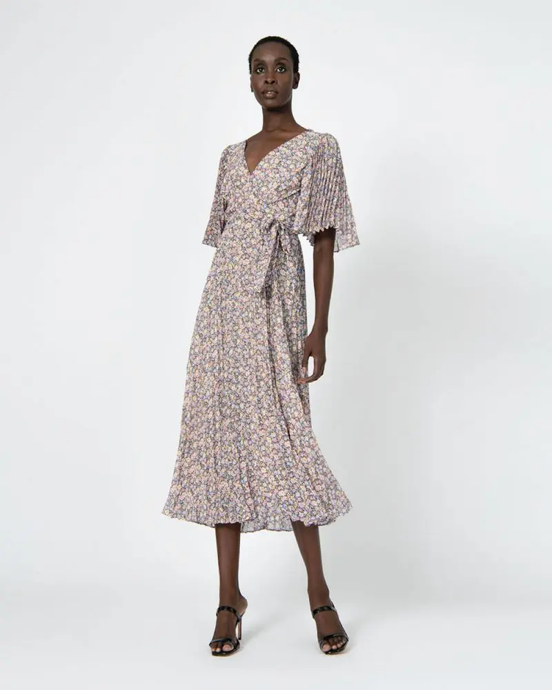 Forcast Clothing, the Fiorella Floral Dress, featuring pleats and a tie waist belt