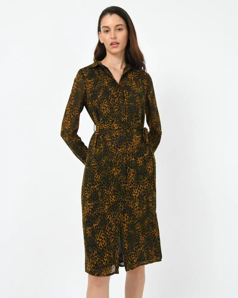 Forcast Clothing, the Loretta Tie Waist Dress, classic collared shirt dress, combined with a modern and bold leopard print