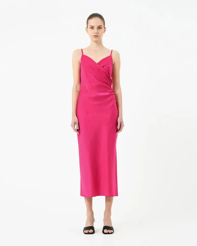 Forcast Clothing, the Staria Draped Camisol Dress featuring silky satin shine, side slit hem and drape silhouette