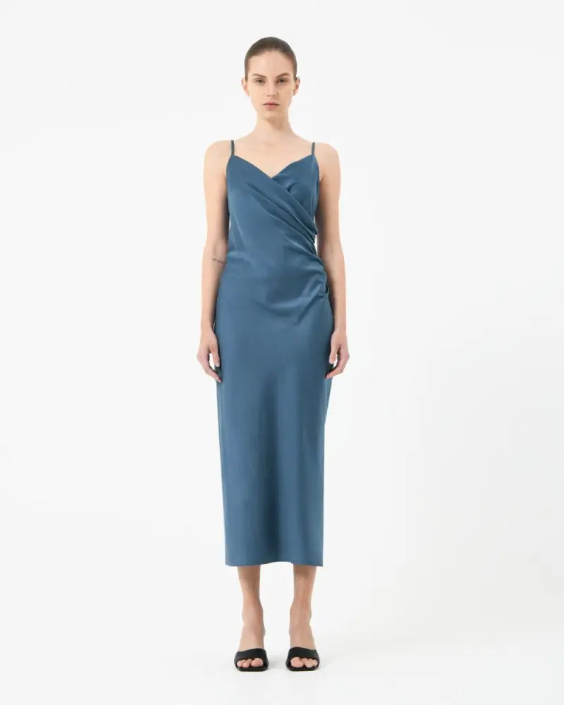 Forcast Clothing, the Staria Draped Camisol Dress, featuring silky satin shine and side slit hem 