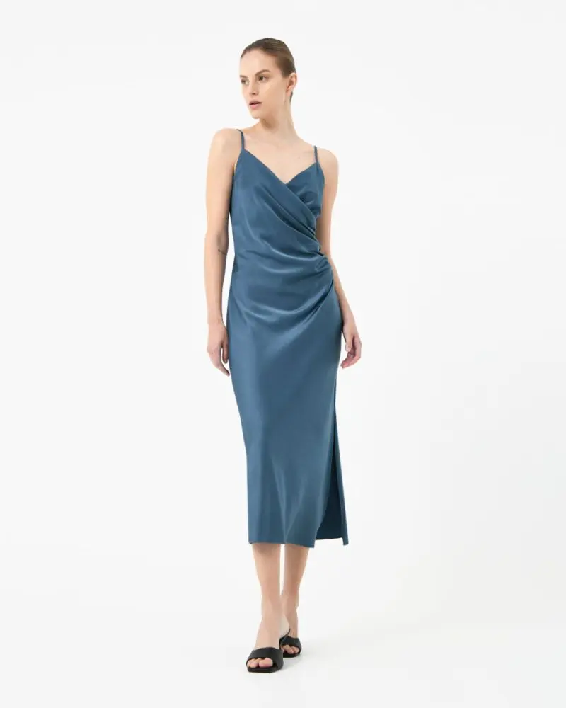 Forcast Clothing, the Staria Draped Camisol Dress, featuring silky satin shine and side slit hem 