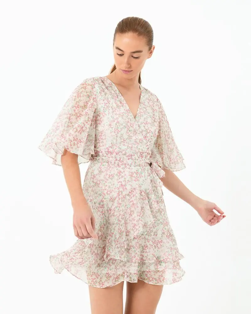 Forcast Clothing, the Rosemary Tie Waist Floral Dress, featuring flutter sleeves and ruffle hem detail