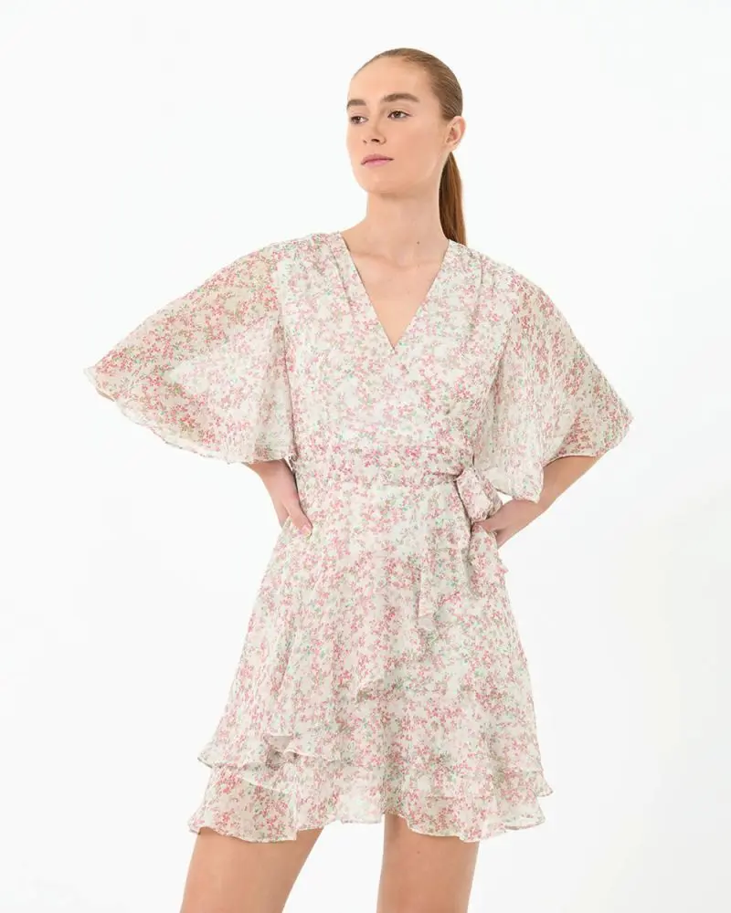Forcast Clothing, the Rosemary Tie Waist Floral Dress, featuring flutter sleeves and ruffle hem detail
