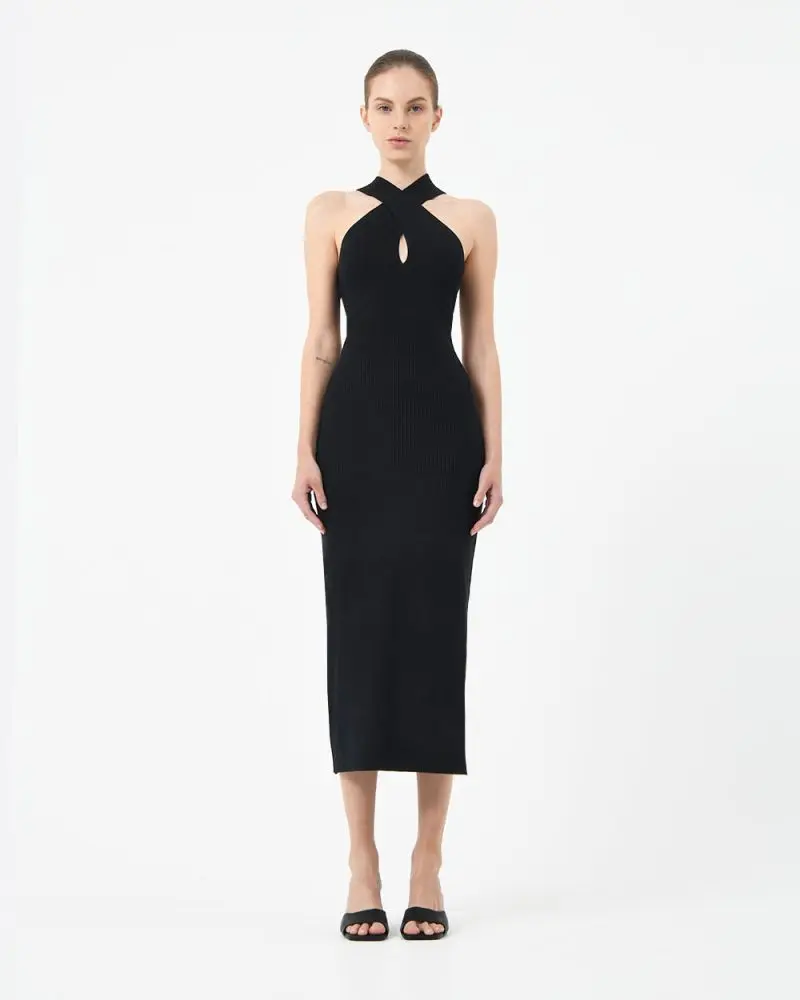 Forcast Clothing, the Beatrix Criss-Cross Neckline Knit Dress, featuring fitted silhouette with cross back and front detail