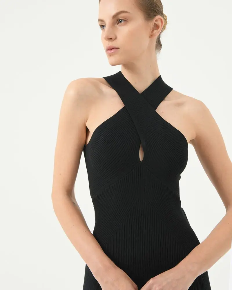 Forcast Clothing, the Beatrix Criss-Cross Neckline Knit Dress, featuring fitted silhouette with cross back and front detail