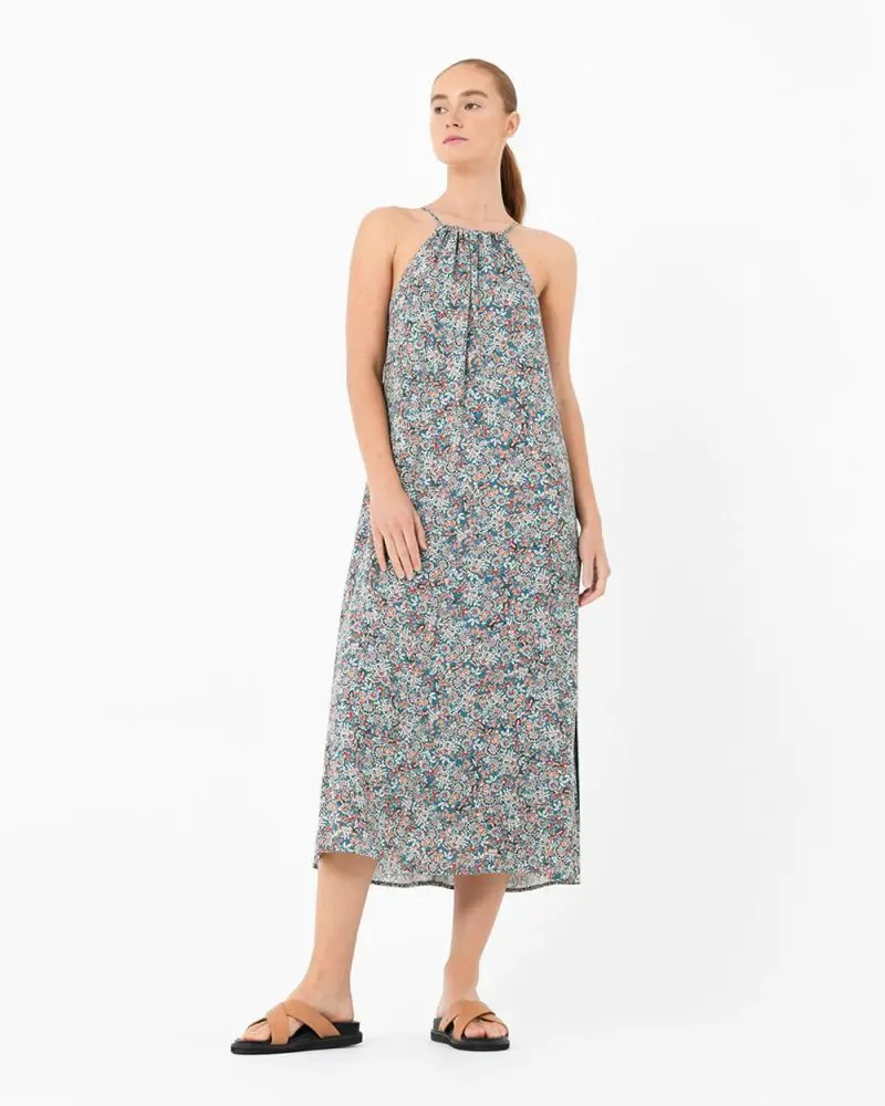 Forcast Clothing, the Cielo Halter Neck Printed Dress, featuring floral prints in a halter design