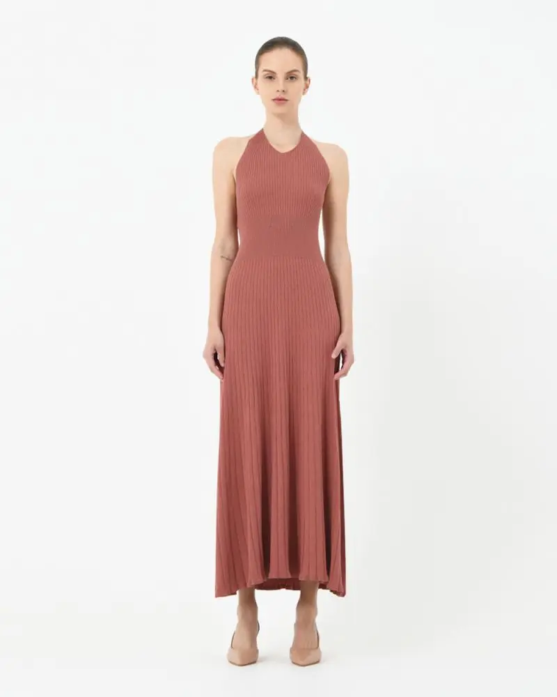 Forcast clothing, the Akaroa Halter Neck Knit Dress, features a halter neckline and stretch knit fabric