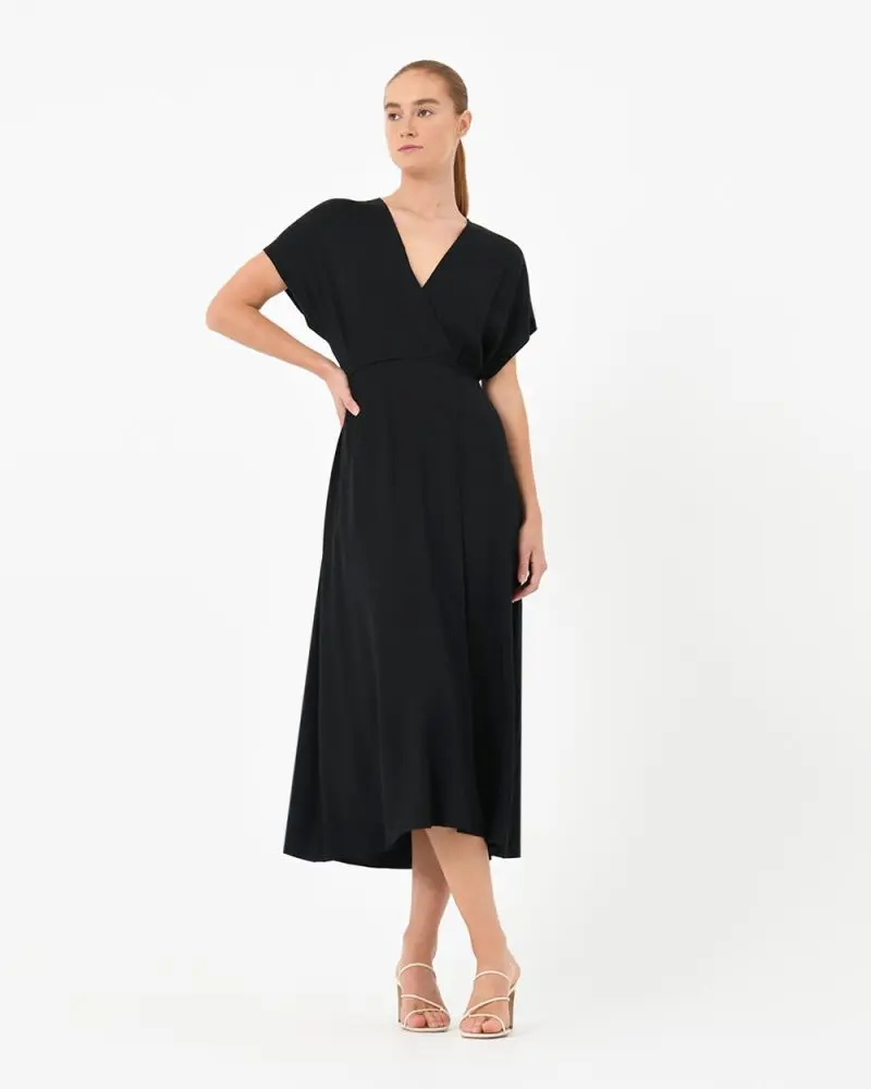 Forcast Clothing, the Adelyne Long Cupro Wrap Dress, featuring minimal detail in a relaxed wrap design