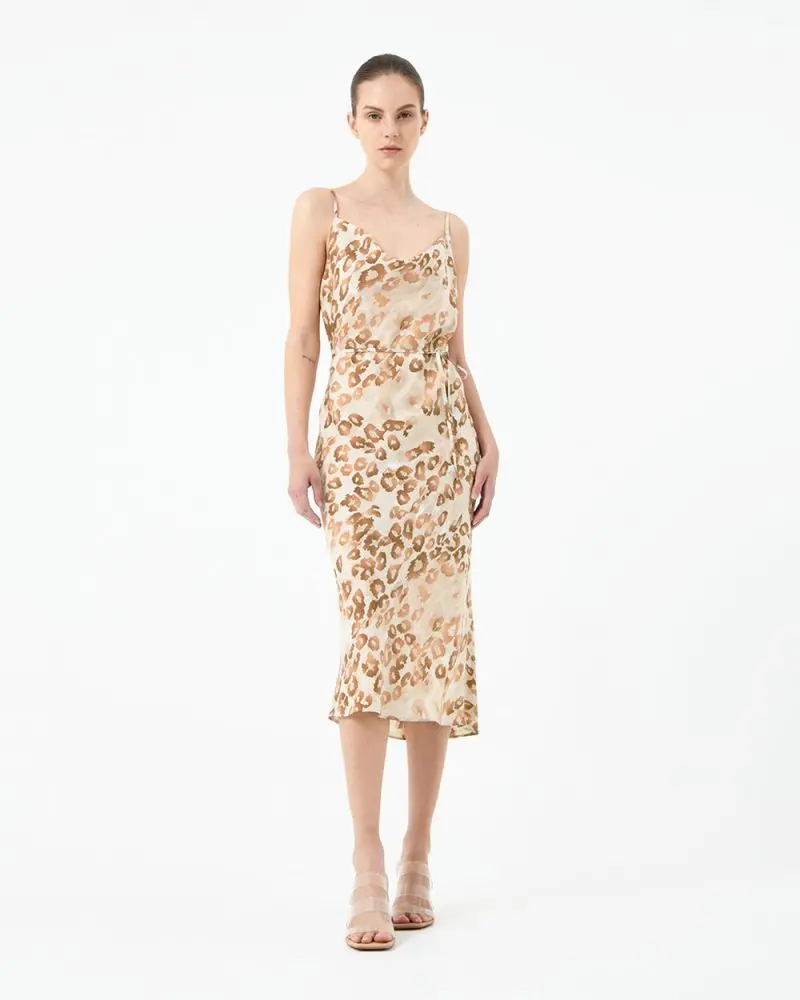 Forcast Clothing, the Madison Animal Print Slip Dress, featuring cowl neckline and tie waist belt